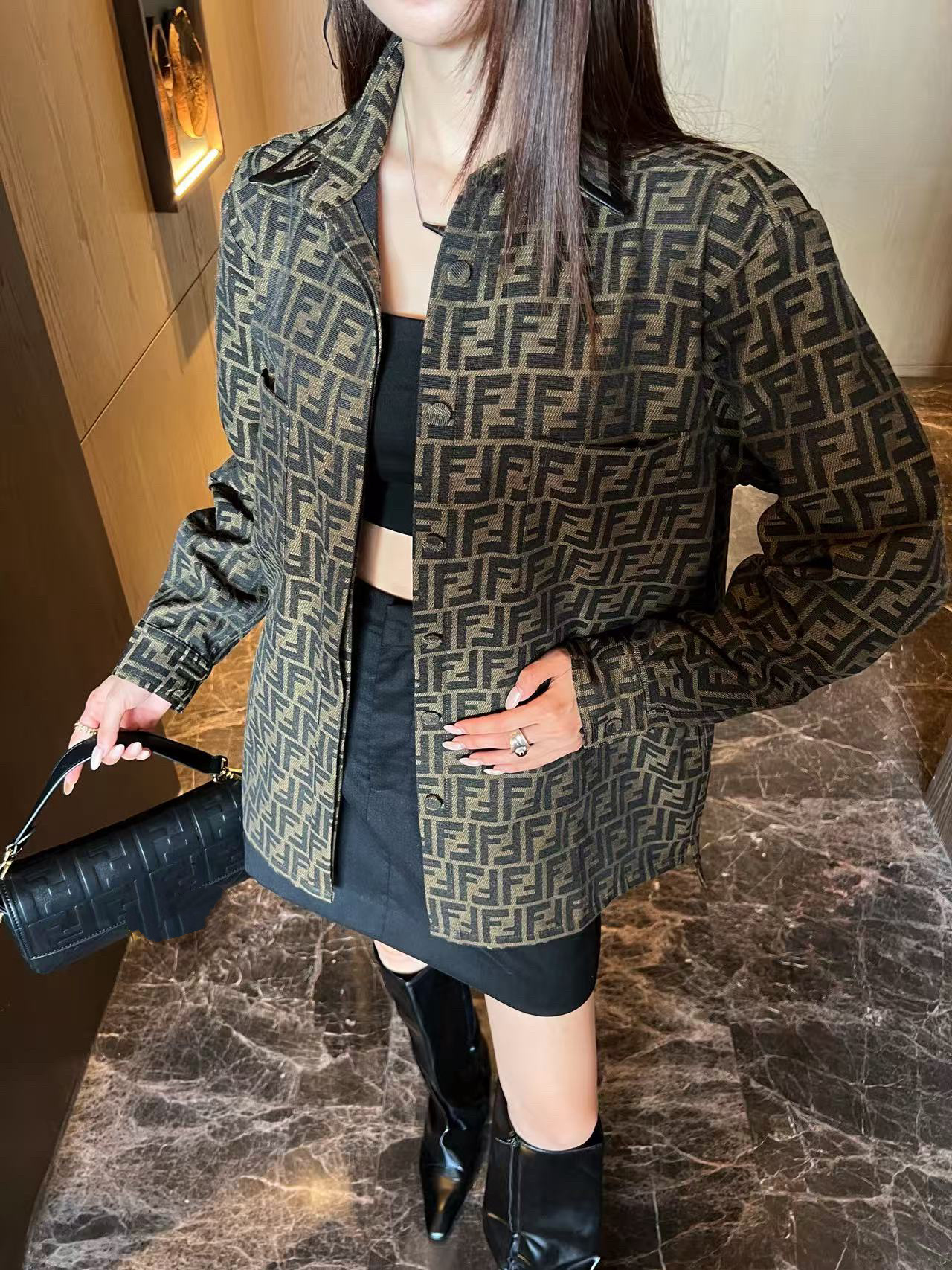 25 Autumn F New Full Jacquard Letter Collar Patchwork Leather Decorative Belt Waist Casual Jacket Coat 904