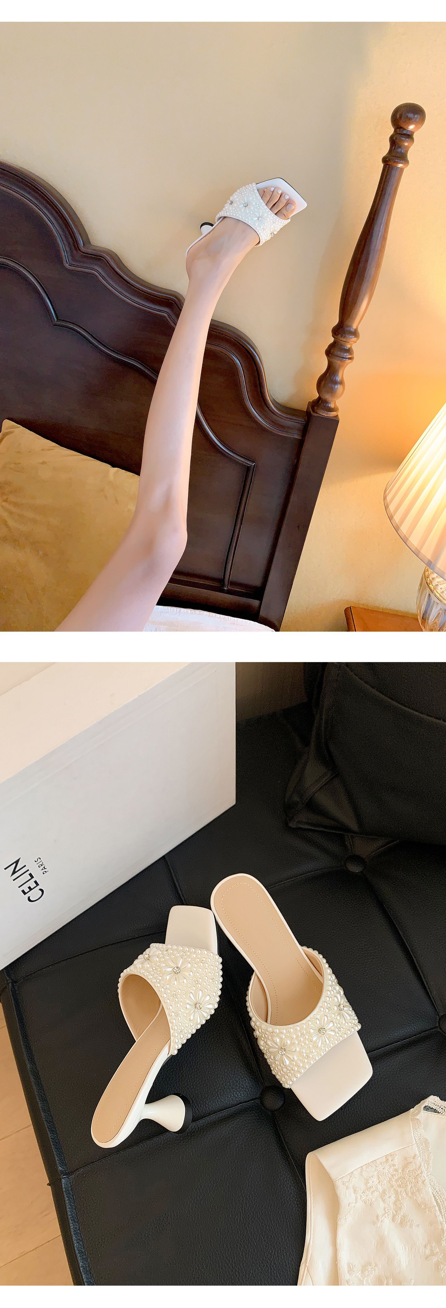Sandal cao gót nữ quai ngang mũi vuông đính đá pha lê handmade — màu đen, màu trắng chi tiết 15