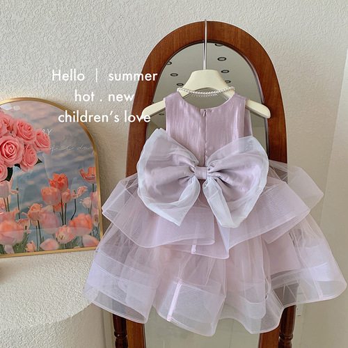 Korean style children's clothing girls dress summer style 2024 baby girl new splicing mesh suspender sweet dress