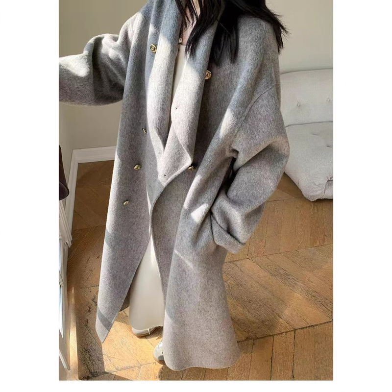 Stand Collar Gentle Gray Cashmere Double-Sided Woolen Outwear for Women 2024 Autumn and Winter Woolen Outwear Double-Sided Wool Outwear