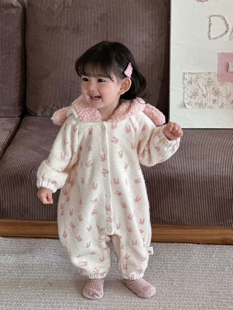 Ropa de bebé invierno niña bebé mono princesa estilo extranjero conejo exterior ropa gruesa mampara con capucha ropa de invierno