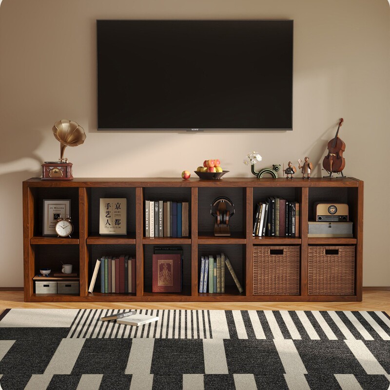 Solid Wood Bookshelf Floor-Standing Walnut Color Combination Living Room Cabinet Book Storage Storage Cabinet Grid Bookcase Storage Cabinet