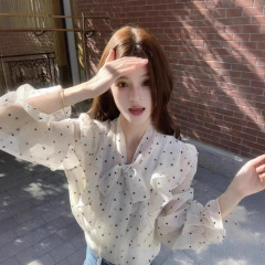 2025春夏季女士新款法式高级感荷叶边波点衬衫设计感绑带宽松上衣