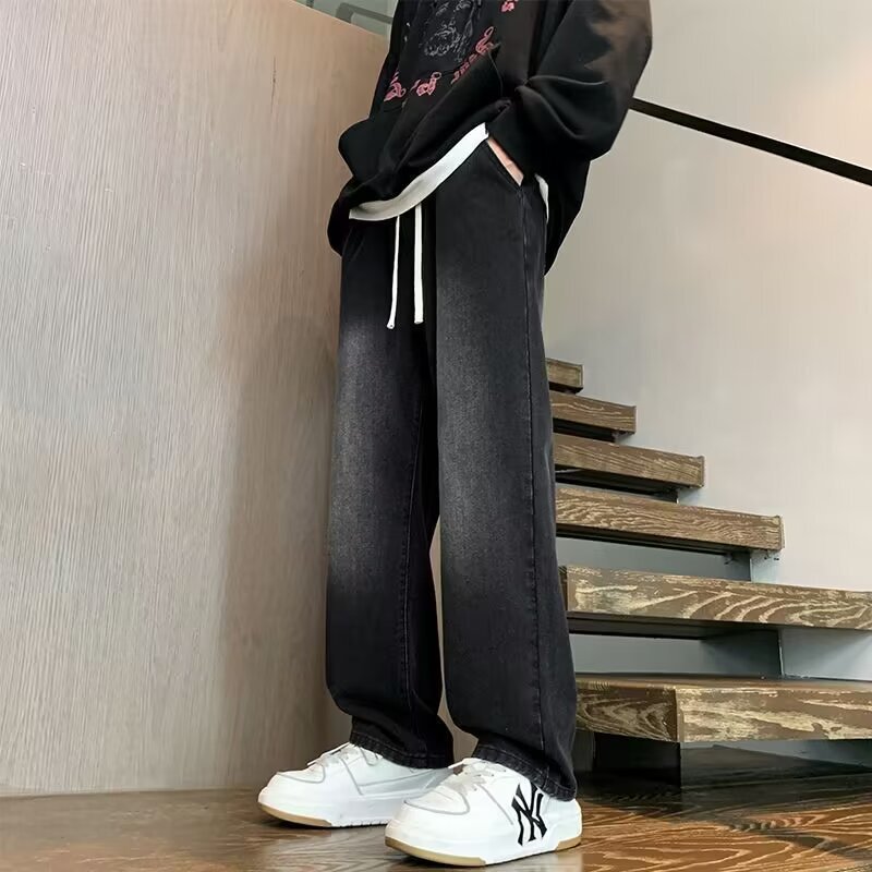 2024 Japanese Drawstring Elastoic Waist Jeans Men's Loose Straight Trendy Wide Leg Casual Trendy Long Trousers for Men