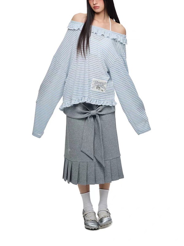 踱步浅町辣妹图案印花斜肩露肩长袖T恤衫防晒罩衫上衣女|undefined