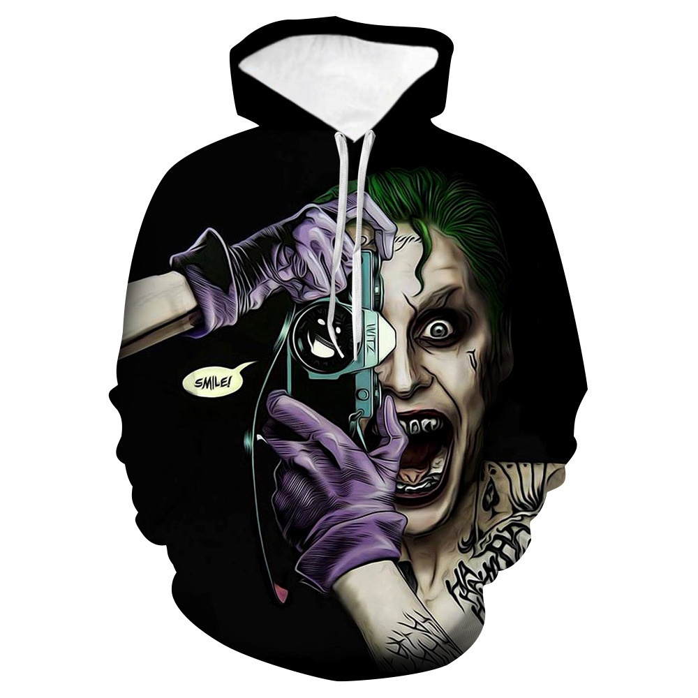 2024 Sudadera con capucha y cuello redondo suelto con estampado 3D de terror de payaso casual europeo y americano