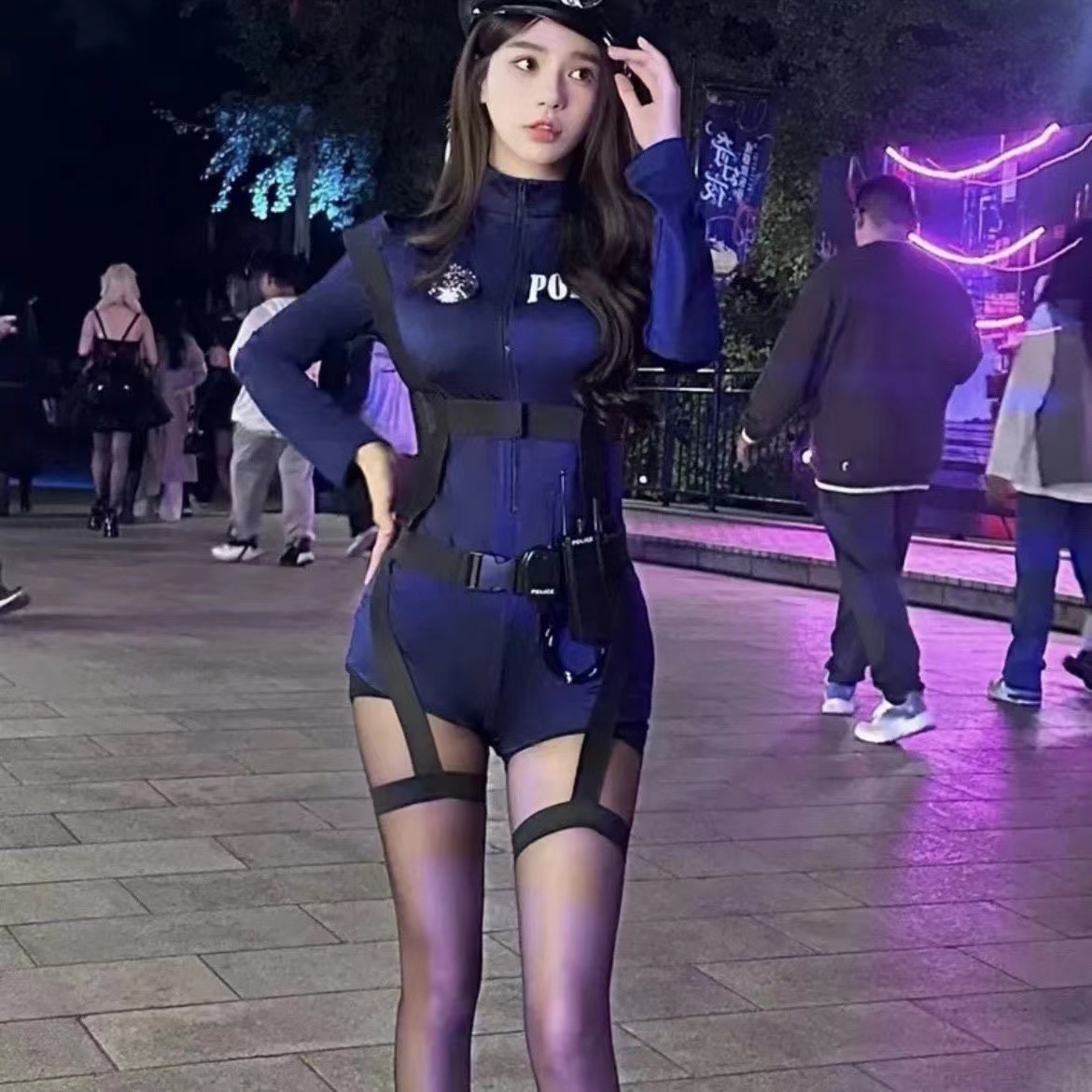 Sexy Policewoman Cosplay Uniform Set with Hat, Tight Jumpsuit, One Size — detail image 7
