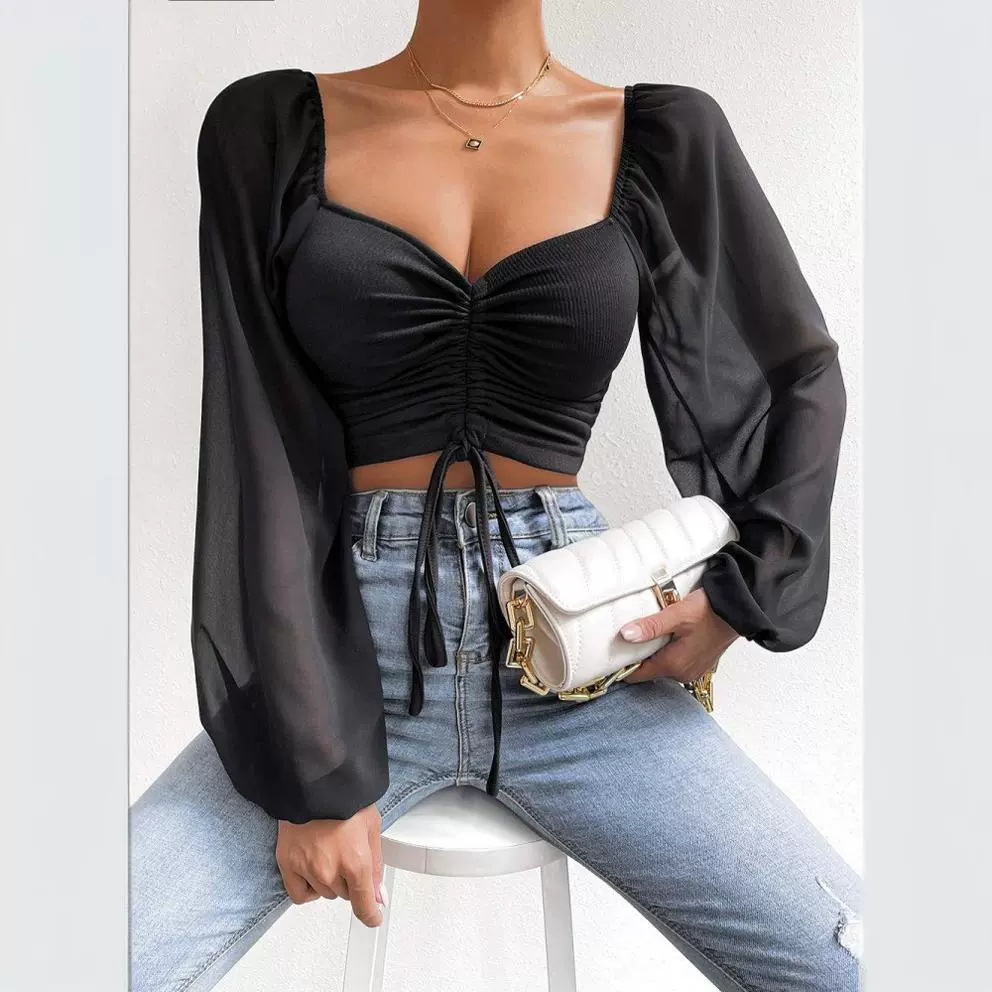 New Style Pit Stripe Chiffon Drawstring Lantern Sleeve Tight Fashion Women's Tops Shirt_senzul.com