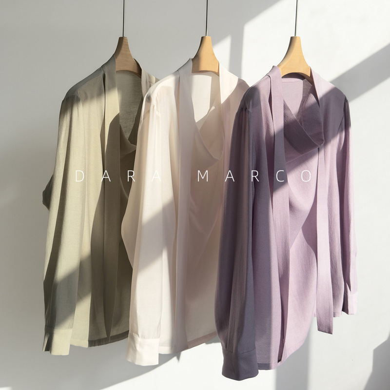 Elegant Beauty~Acetate Blend Draped Collar Ribbon Semi-Sheer Shirt Women's Top 2026 Spring New Style