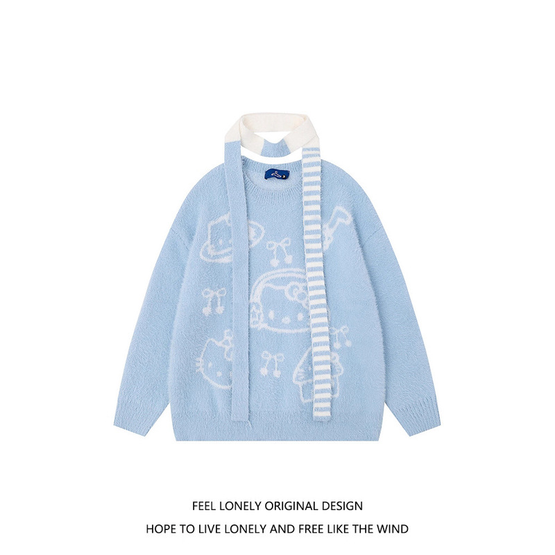 Cross-Border Export New Furry Kitty Cat with Scarf Sweater Women's Autum Loose Lazy Style Knitted Top Cross-Border Export New Furry Kitty Cat with Scarf Sweater Women's Autum Loose Lazy Style Knitted Top