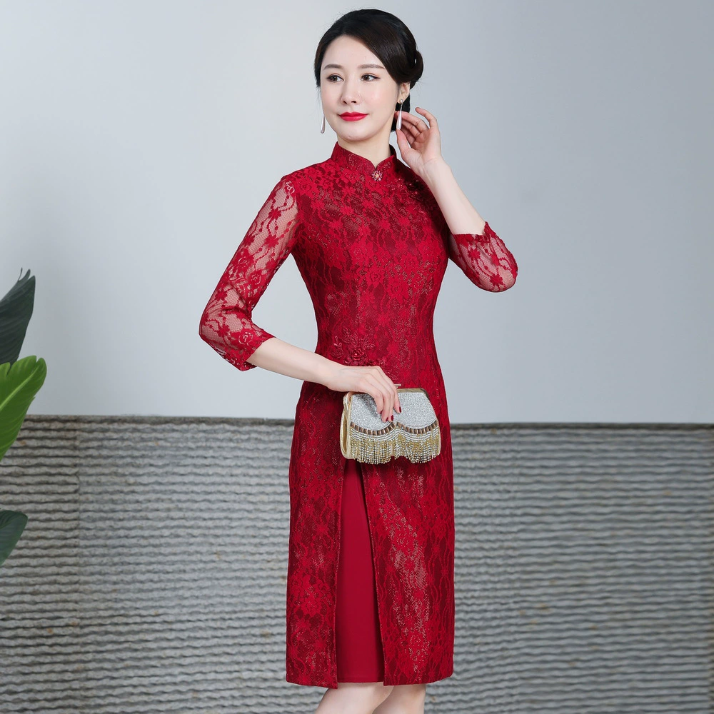 Шэньчжэнь улучшенное Cheongsam кружевное платье небольшое свадебное платье Красный Плюс Размер Си мать в законе платье оптом