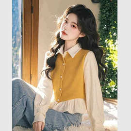 2025年新款小衫独特超好看洋气设计感黄色撞色拼接荷叶边娃娃衫女