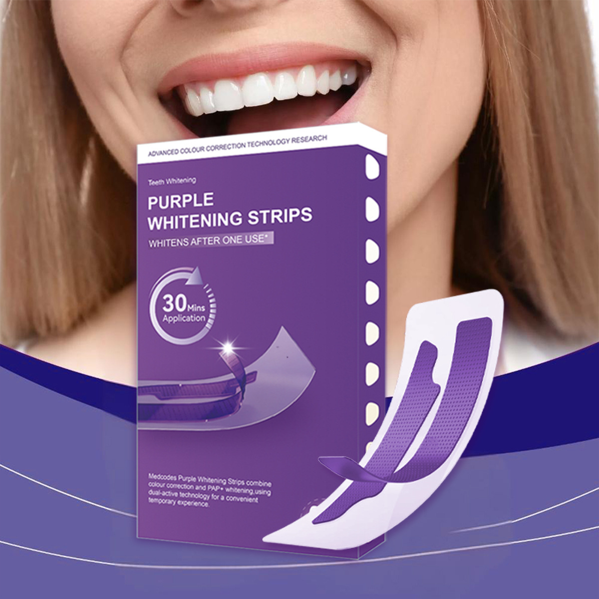 Cross-border purple whitening tooth strips V34, one strip for whitening, removing yellowing, and removing tobacco and tea stains to care for teeth