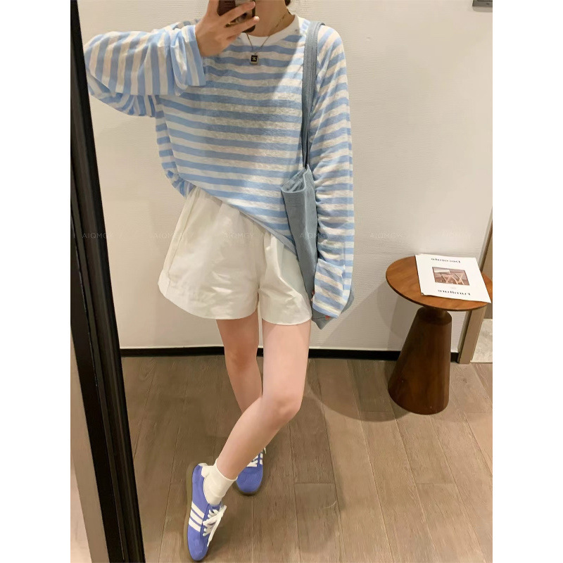 薄いアイスシルク長袖 Tシャツトップス女性のための 2025 新しいホットスタイル夏ルーズレイジーストライプ日焼け止めシャツブラウス|undefined