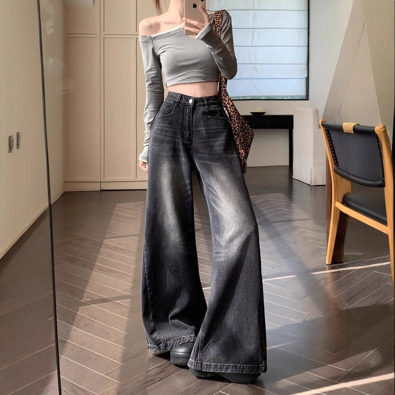 Vintage Washed Black Jeans for Women, Autumn and Winter Loose Lazy Wide-Leg Pants, Versatile Floor-Length Pants, Slimming High-Waisted Long Pants