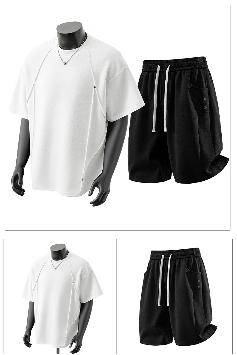 Men's Short Sleeved Suit Cleanfit Crew Neck T-Shirt High Street Patchwork 3D Studs Premium Feel_viptrois.com