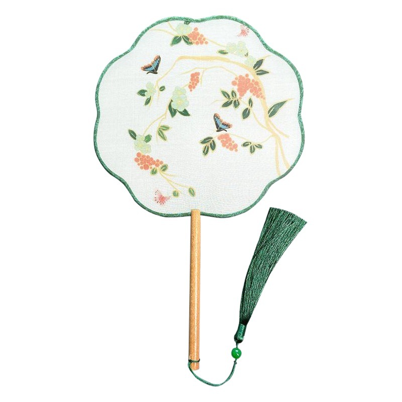 En stock ventilador redondo han ventilador de ropa estilo antiguo translúcido mango largo traje antiguo ventilador de baile Super Hada estilo chino en forma de ventilador redondo