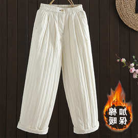 实拍2025秋冬新款夹棉奶奶裤高腰阔腿裤纯色松紧腰宽松文艺休闲裤