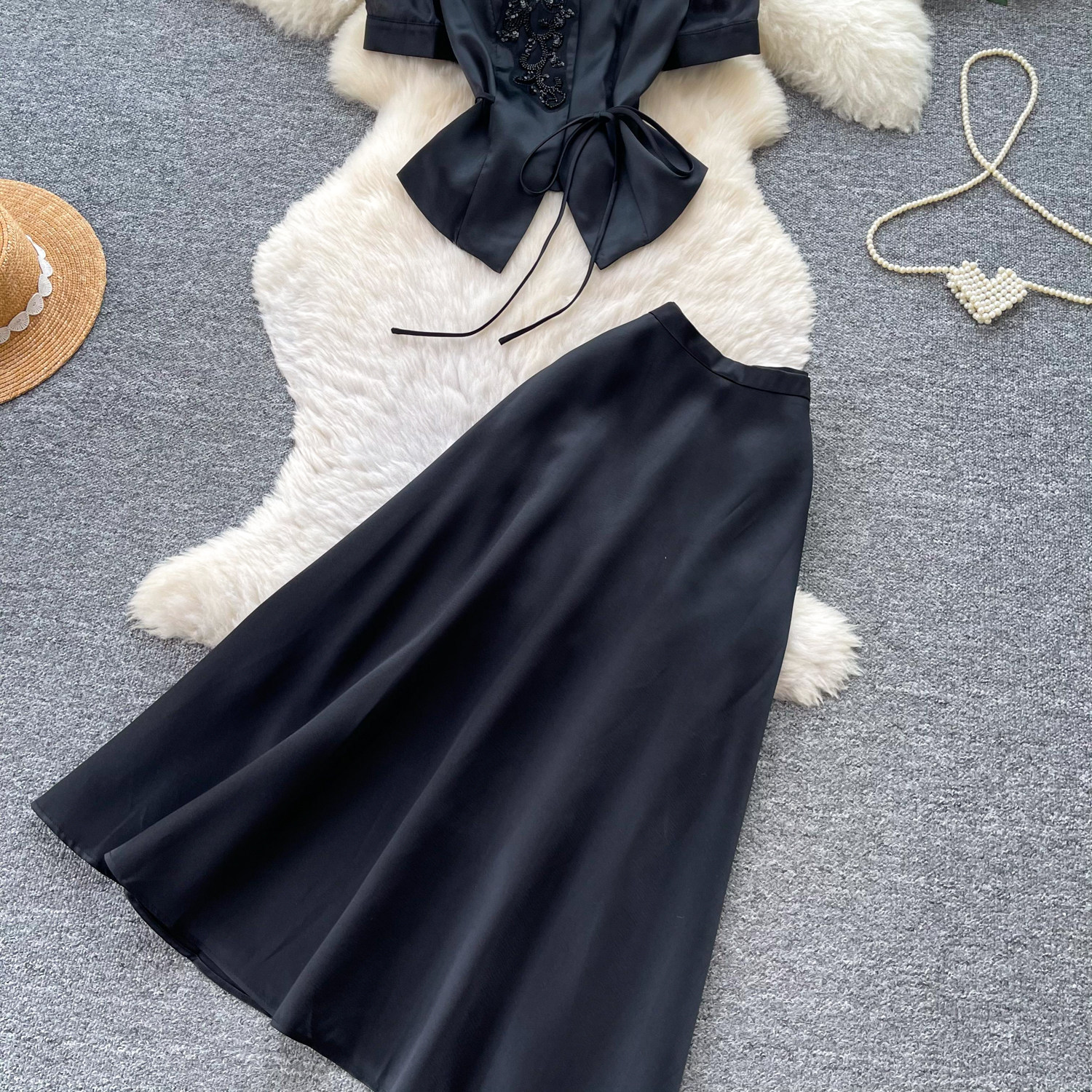 Women's Wine Red Bubble Sleeve Blouse And High-Waist Skirt Set - Elegant Office Wear Two Piece Outfit For Summer_ecoleips.com
