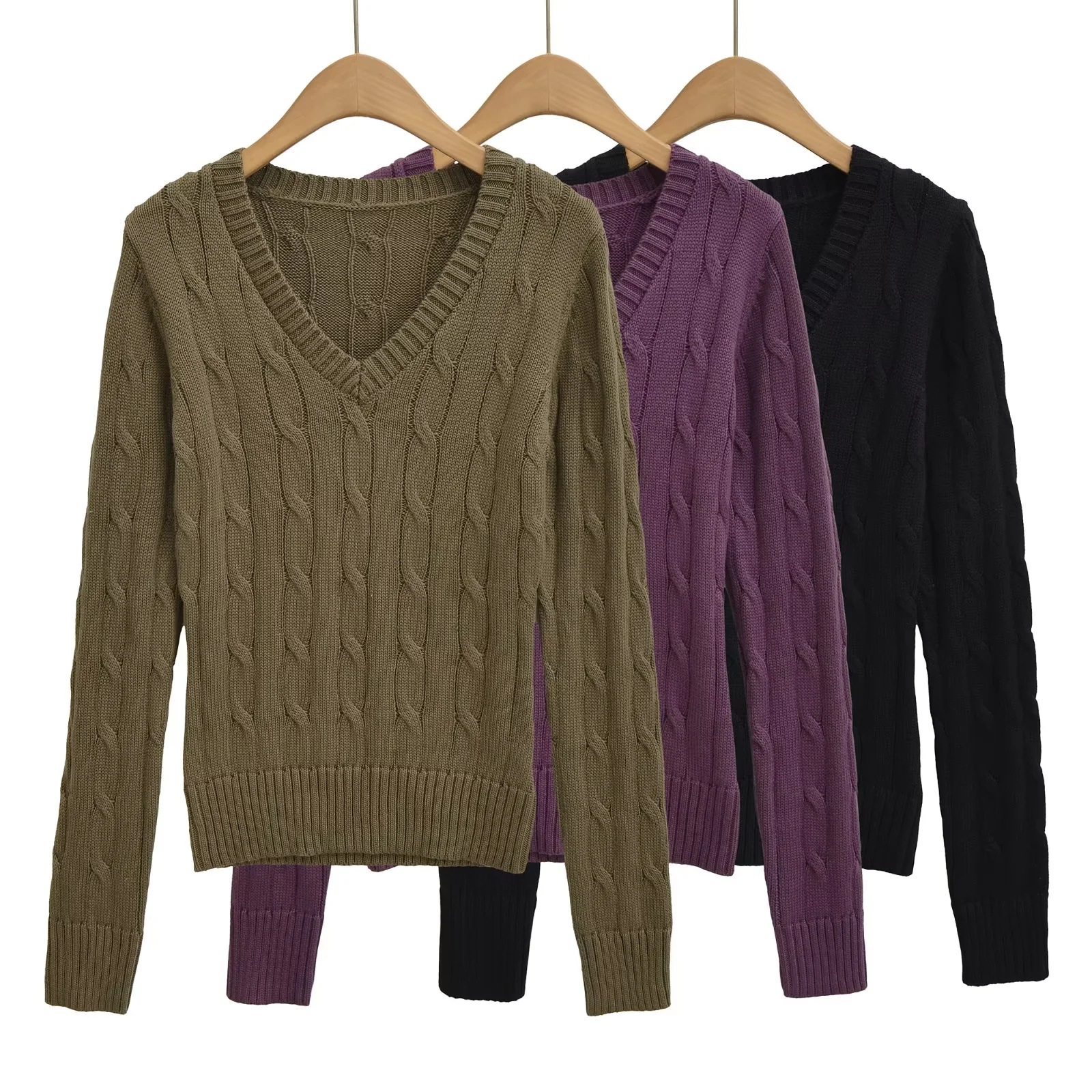 Korean Style Purple V Neck Slim Twist Knitwear for Women in Autum with Elastic Slimming Look Lazy Long-Sleeved Knitwear