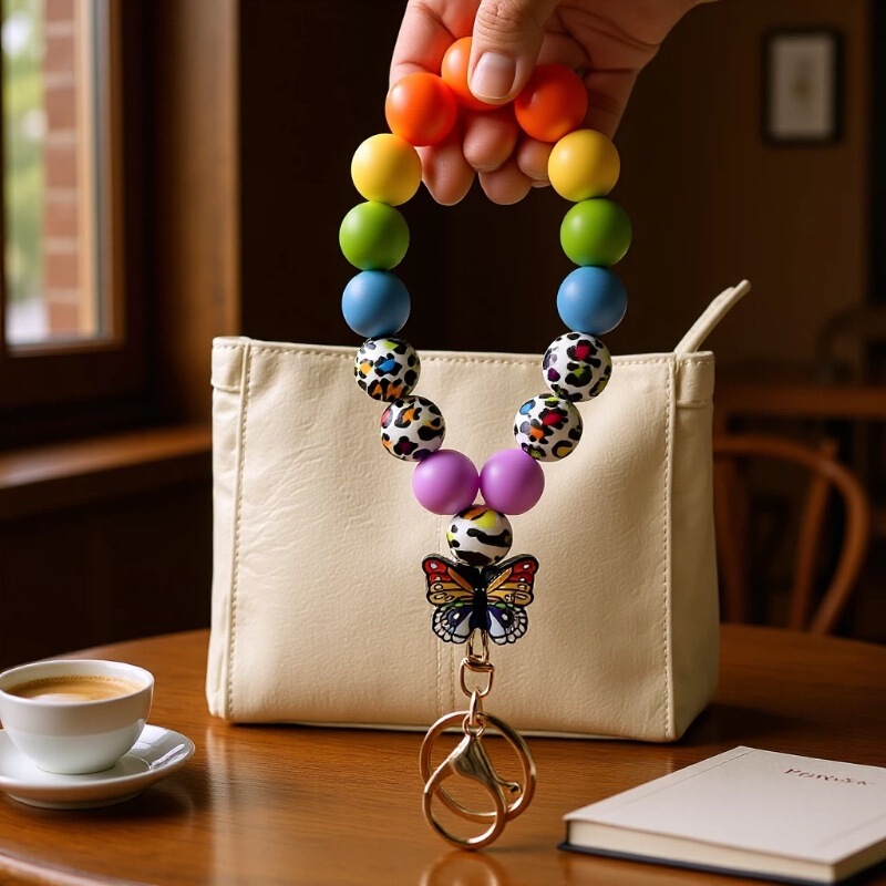European and American Cross-Border Colorful Beaded Keychain Silicone Key Ring Bracelet Car Bag Fashion Simple Creative Pendant