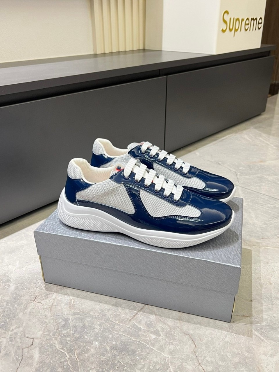 Prada America's Cup Patent Leather Mesh Low Navy Silver