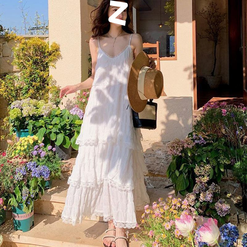 2025新款高品质仙女白色连衣裙海边度假沙滩裙高级感法式吊带长裙