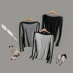 93%莱赛尔 一字领撞色拼接长袖针织衫女式修身显瘦套头内搭打底衫