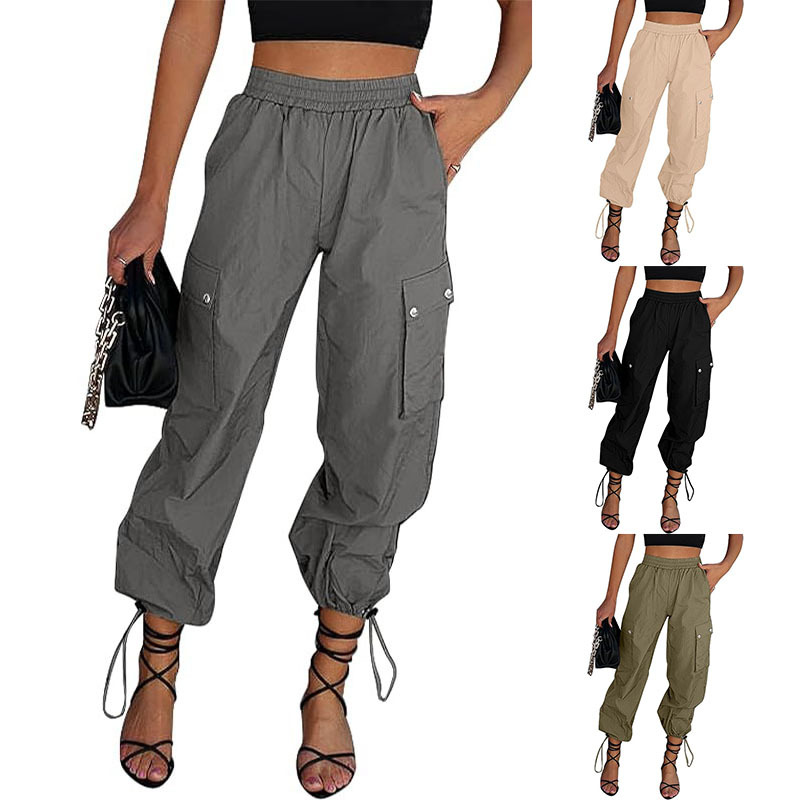 Cross-border European and American summer new women's loose casual parachute high waist elastic drawstring pocket overalls trousers
