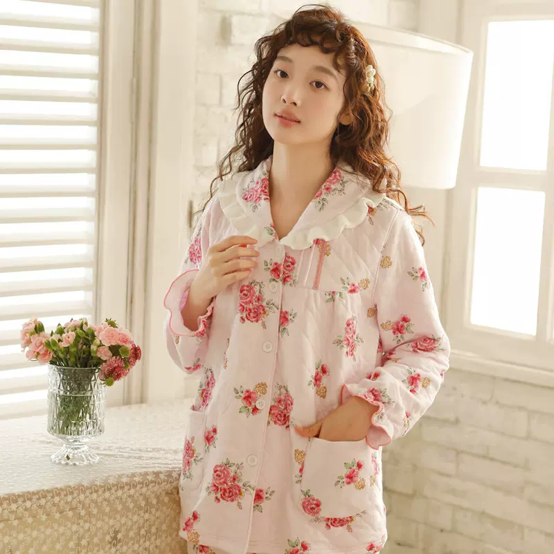 睡衣女秋冬季空气层纯棉翻领开衫三层夹棉保暖日系居家服套装