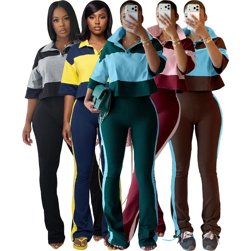 HR26036 European and American fashion women's two-piece set: color-blocked Polo shirt with buttons and short sleeves, and striped flared pants HR26036 European and American fashion women's two-piece set: color-blocked Polo shirt with buttons and short sleeves, and striped flared pants