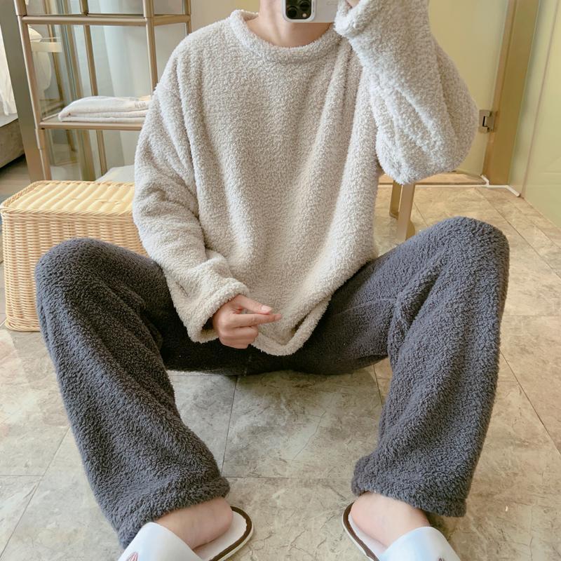 High-Quality Gray Half-Velvet Pajamas for Men, Autumn and Winter Coral Fleece, Thickened, Simple Flannel, Plus Size Set