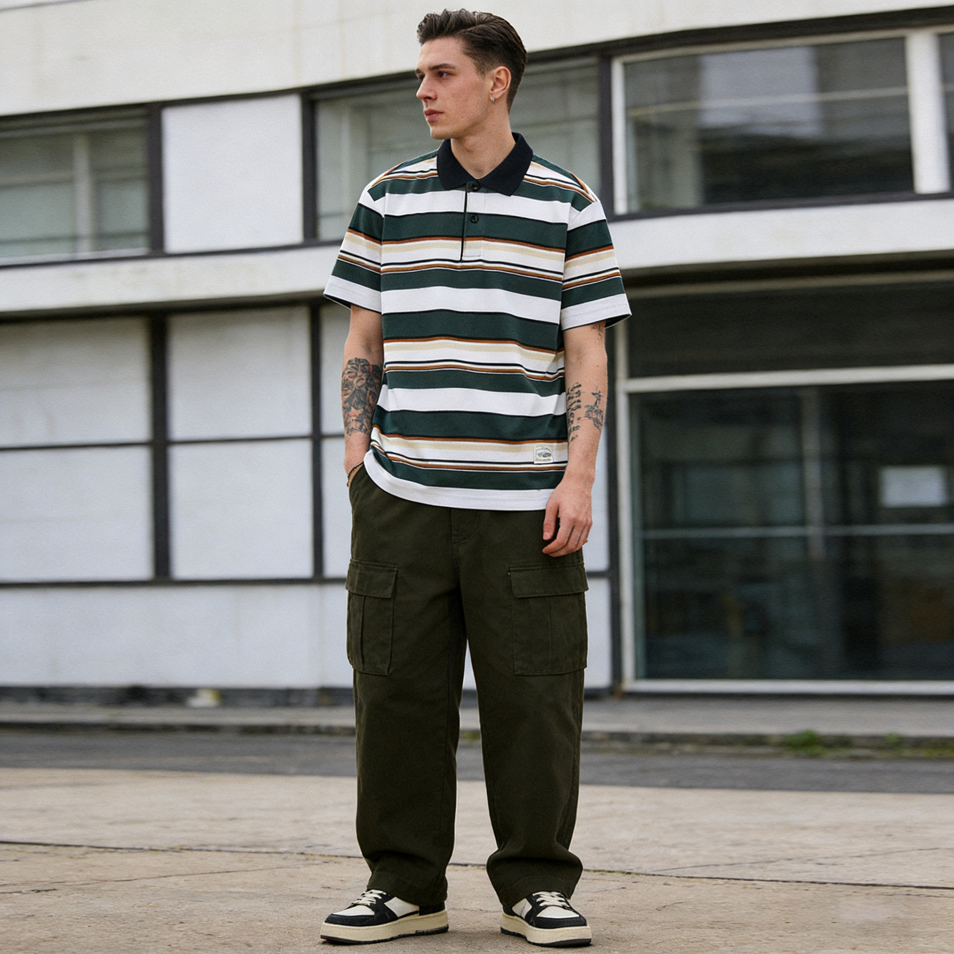 OKONKWO Color irregular a juego solapa gruesa camiseta a rayas gruesa manga corta Camisa de Polo a rayas