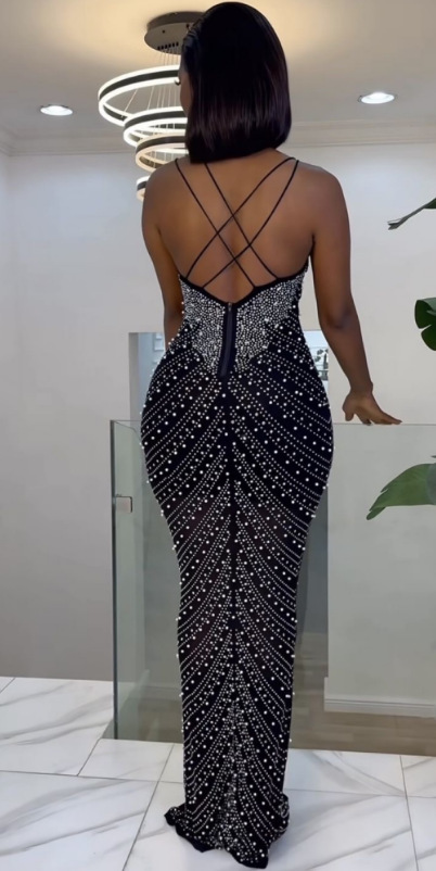 Elegant Backless Bodycon Midi Dress With Pearl Accents | Sexy Mesh & Rhinestone Strap Dress For Parties & Date Nights_ecoleips.com