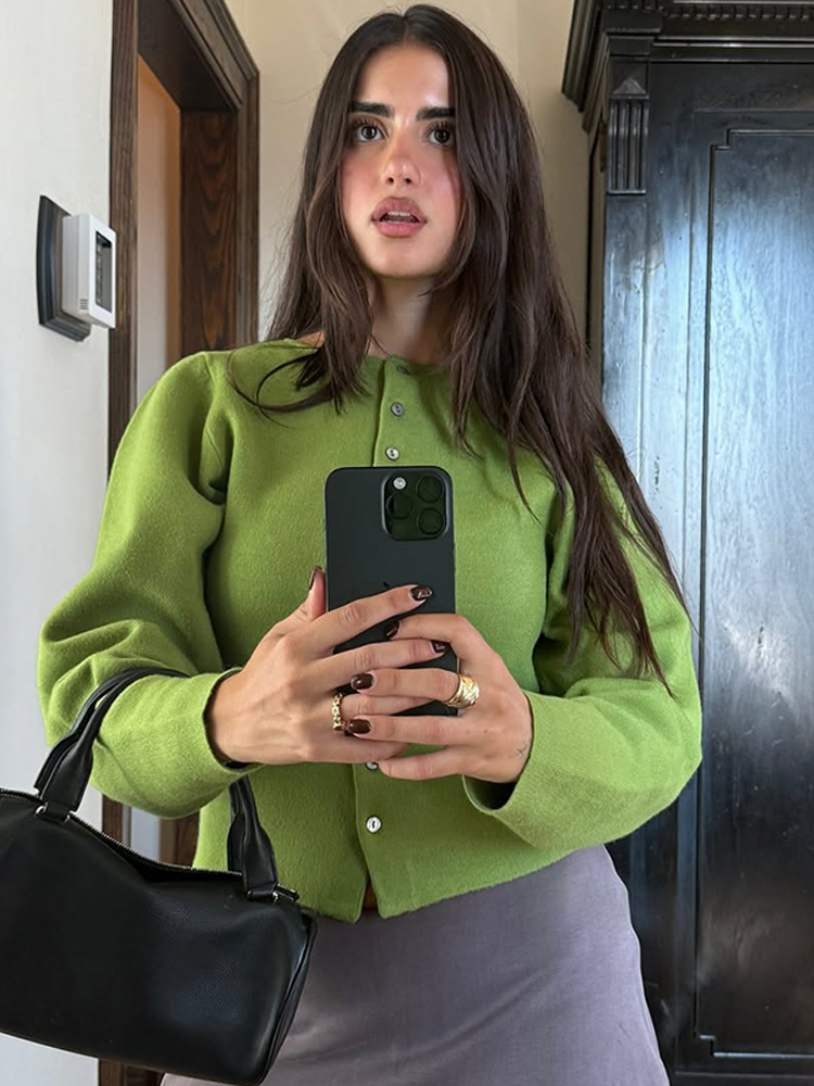 Elegante estilo simple estilo de color sólido cuello redondo de una sola fila cardigan otoño 2025 nuevo estilo transfronterizo europeo y americano