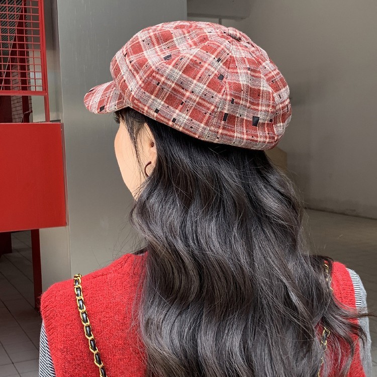 日系小众格子秋冬八角帽子女复古显脸小云朵帽休闲百搭贝雷帽潮流|undefined