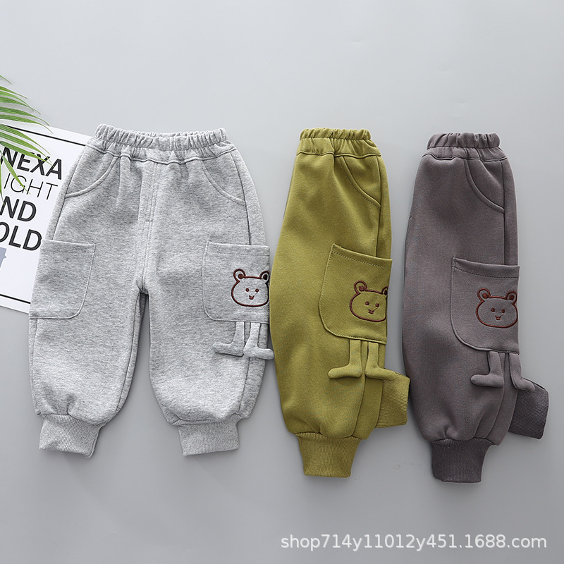 男宝宝秋冬季一体绒卫裤2025年新款男童休闲卡通小脚丫一体绒裤潮
