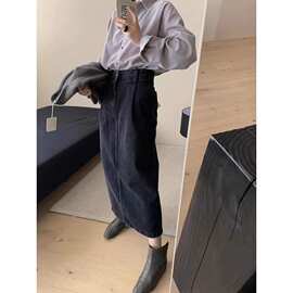 复古灰紫色灯芯绒衬衫女春秋韩版宽松休闲内搭叠穿衬衣图片色露肩