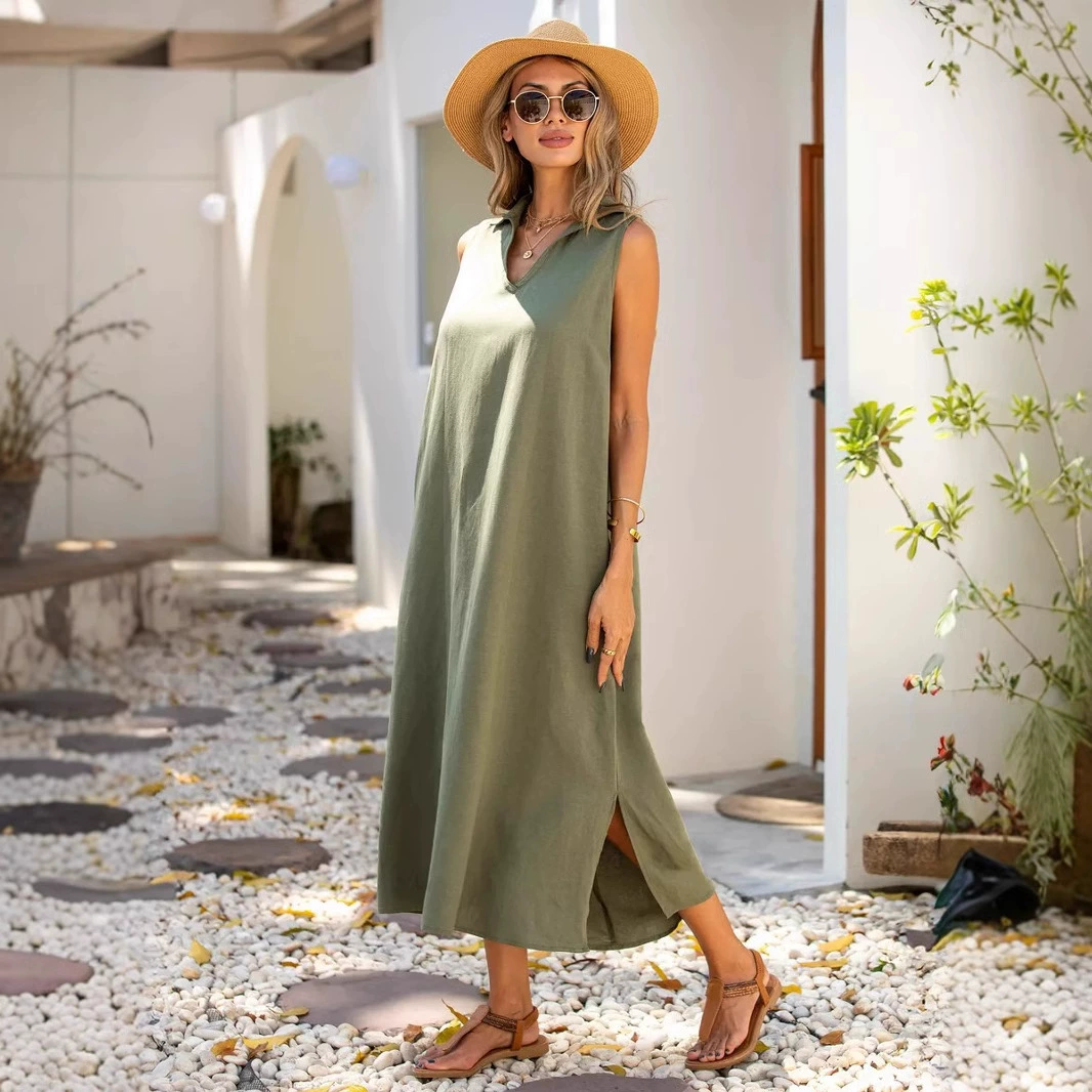 Amazon Европа и США трансграничная внешняя торговля 2025 весна и лето новая рубашка V-образный вырез без рукавов платье средней и длинной одежды женщины