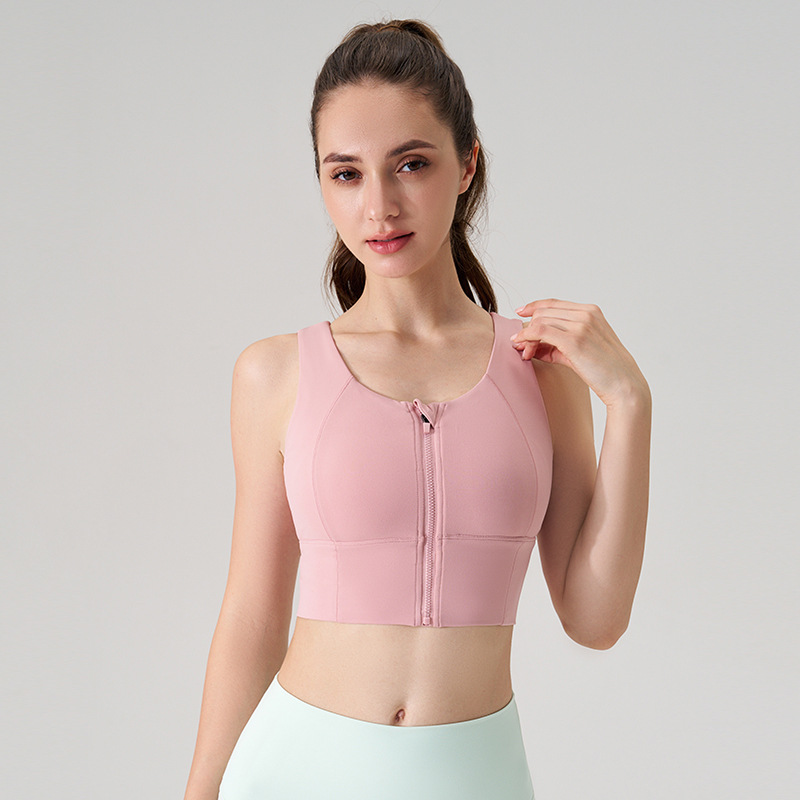Nueva ropa interior deportiva con cremallera frontal de alta resistencia antichoque femenina anti-caída desnuda sensación rápida chaleco de yoga con cojín de pecho