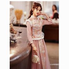 伴娘服中式秋冬秀禾伴娘礼服女中国风旗袍裙大码姐妹团长袖伴娘服