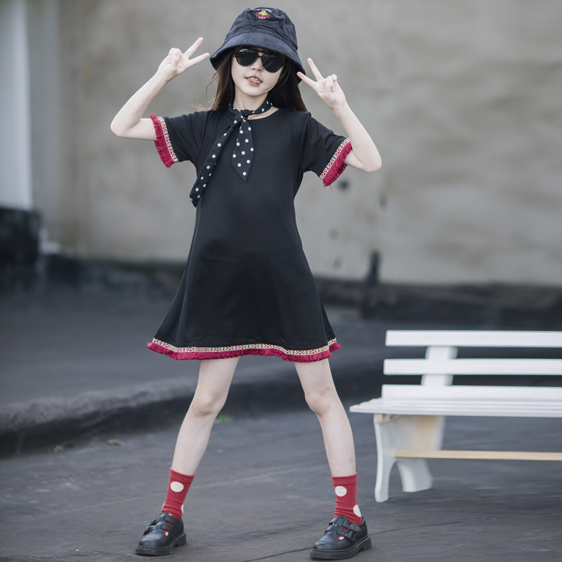 Falda de estilo étnico para niños Vestido de niña simple Verano 2024 Nueva falda de manga corta para niña de estilo occidental Verano