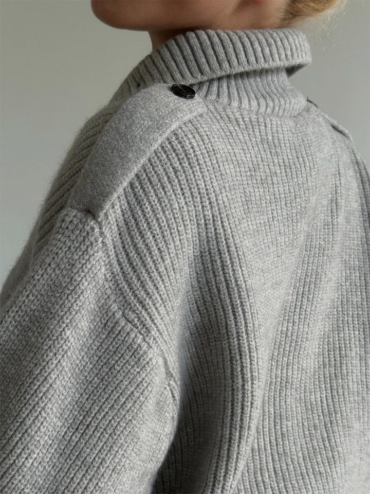Áo khoác cardigan len nữ cổ bán cao cài nút, họa tiết gân, dáng rộng, dài tay — màu xám