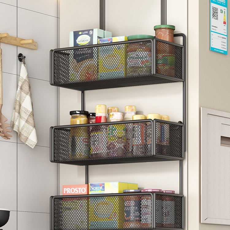 Estante de almacenamiento lateral de refrigerador Estante de almacenamiento lateral de cocina Botella de condimentos multicapa de perforación colgante de pared lateral Cesta de almacenamiento