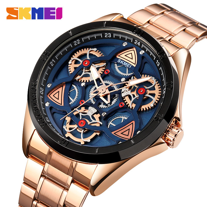 Skmei skmei 1678 nueva correa de acero cuarzo engranaje hueco hombres negocio la moda regalo personalizado reloj