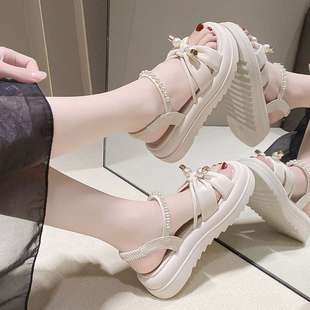 Fairy Style Sandals for Women Summer 2025 New Student Versatile Skirt Pearl Heightening Thick-Soled Flower Beach Shoes