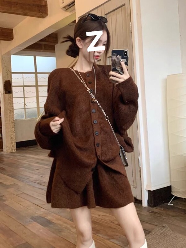 感慵懒风穿搭针织套装女秋冬新款显瘦半身短裙毛衣开衫两件套|undefined