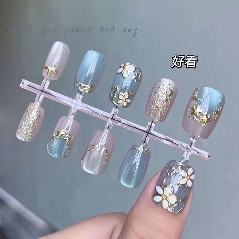 Light Blue Gold-Plated Cat-Eye Press-On Nails for Children, Luxury Nail Tips That Enhance Complexion, Includes Nail Removal Tool Light Blue Gold-Plated Cat-Eye Press-On Nails for Children, Luxury Nail Tips That Enhance Complexion, Includes Nail Removal Tool