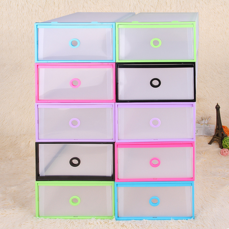 塑料彩色双框抽屉式女鞋盒收纳盒圆孔拉门鞋子防尘收纳盒塑料批发