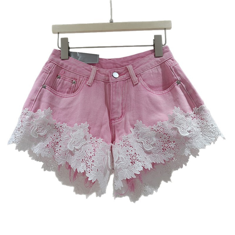 Pantalones Cortos de Mezclilla Corte A con Empalme de Encaje para Verano